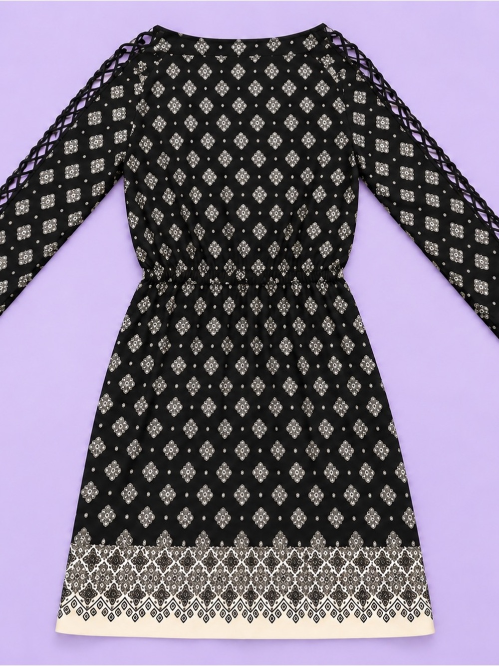White House Black Market Black & Cream Printed Long-Sleeve Dress